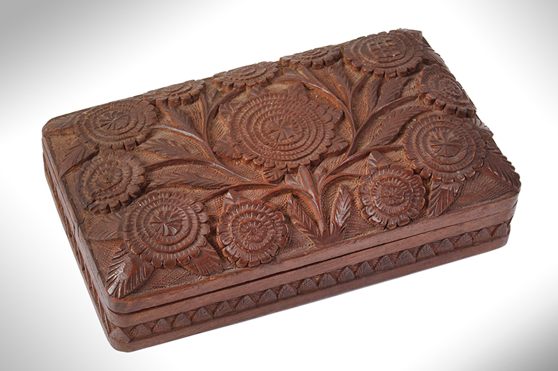 Vintage Bureau Box or Playing Card Box, Relief Carved, Floral, Image 1
