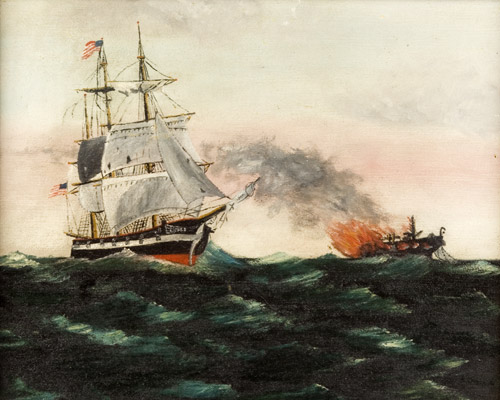 Painting, Brig Flying American Flag Rescues a Burning Ship, Maritime Fire, entire view