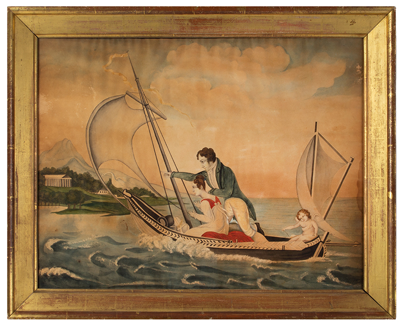 Cupid Directs Young Lovers Toward Shore, Folk Watercolor, Image 1