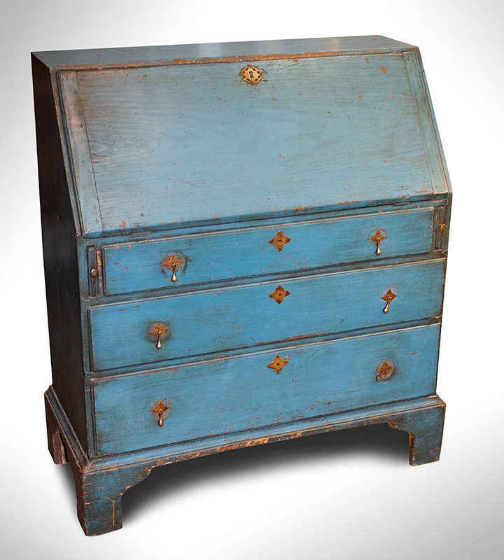 Slant Lid Desk in BLUE Paint, Historic Surface, 36-Inches Wide, Rosehead Nails Found in Wolfeboro, New Hampshire, entire view