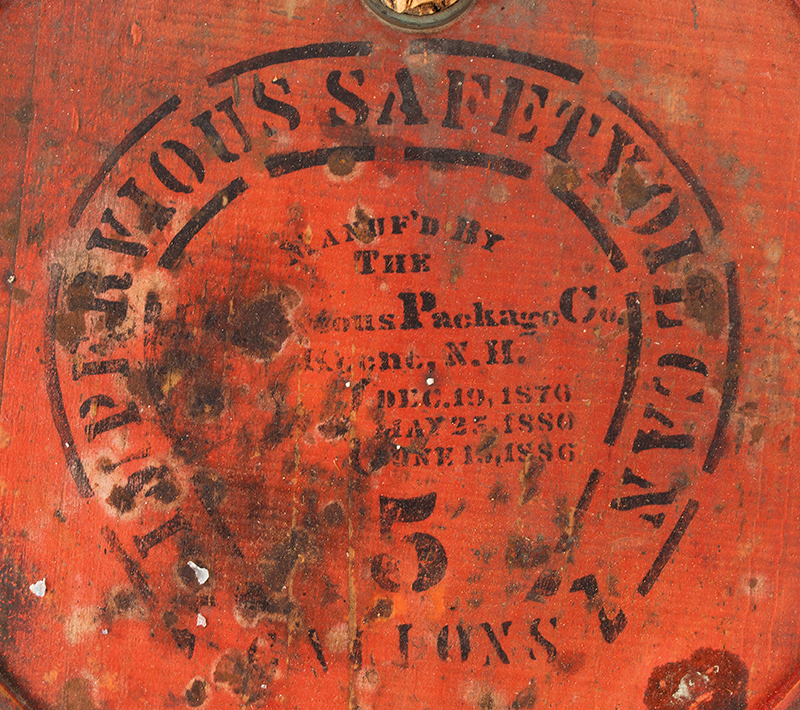 Staved Wood Kerosene Can, Original Paint, Keene, New Hampshire Impervious Package Company, detail view