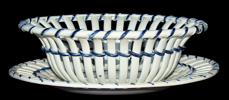 English Creamware Fruit Basket and Stand, Reticulated, Trimmed in Cobalt Blue, entire view