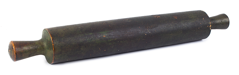 Antique Kitchen Rolling Pin, Turned Handled w/ Bowed Ends, Original Green Paint, entire view