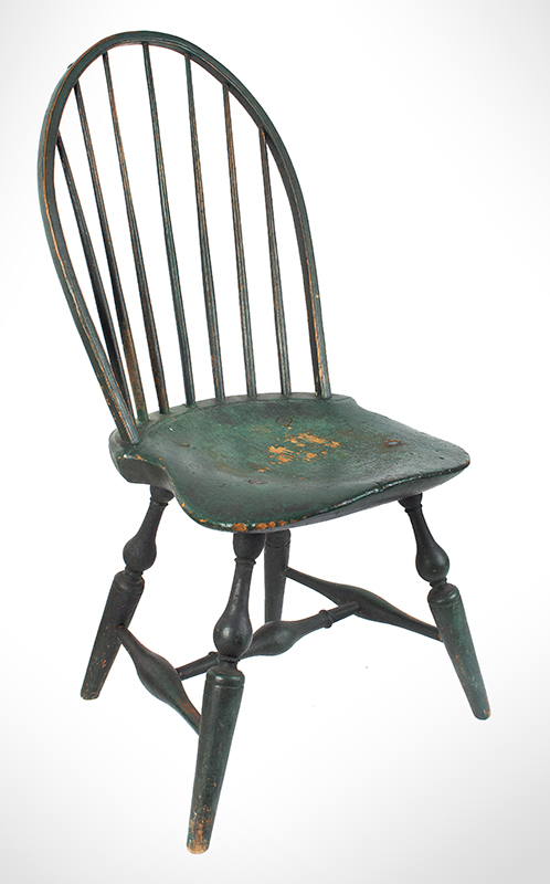 Eighteenth Century Bow Back Windsor Side Chair, Original Green Paint New York, entire view