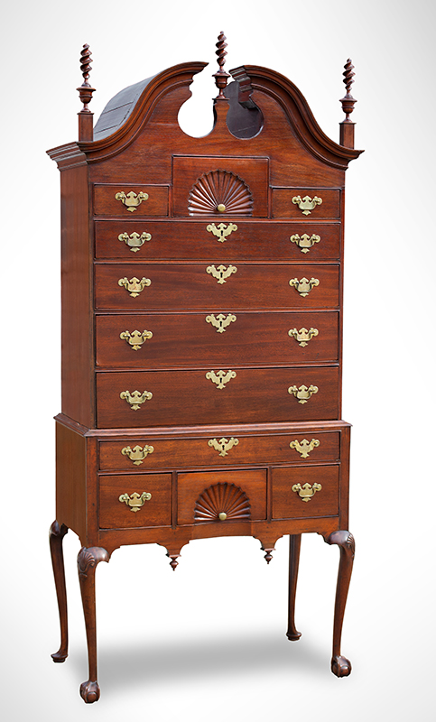 Highboy, Chippendale Bonnet Top, Claw & Ball Feet, Carved Fans & Knees, Image 1