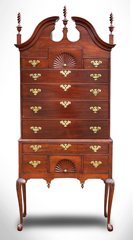 Highboy, Chippendale Bonnet Top, Claw & Ball Feet, Carved Fans & Knees Boston, entire view 2