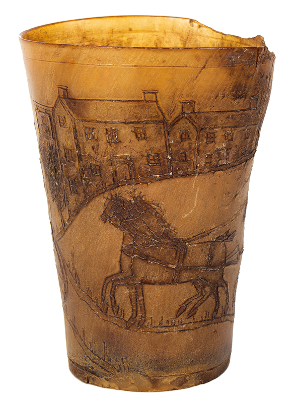 Scrimshaw Horn Ware Cup, Engraved Horse Drawn Carriage Scene, Image 1