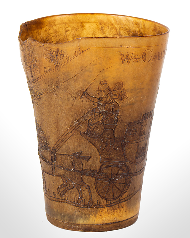 Scrimshaw Horn Ware Cup, Engraved Horse Drawn Carriage Scene Incised: W. Carter, entire view 2