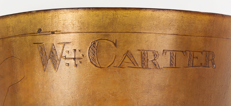 Scrimshaw Horn Ware Cup, Engraved Horse Drawn Carriage Scene Incised: W. Carter, detail view 1