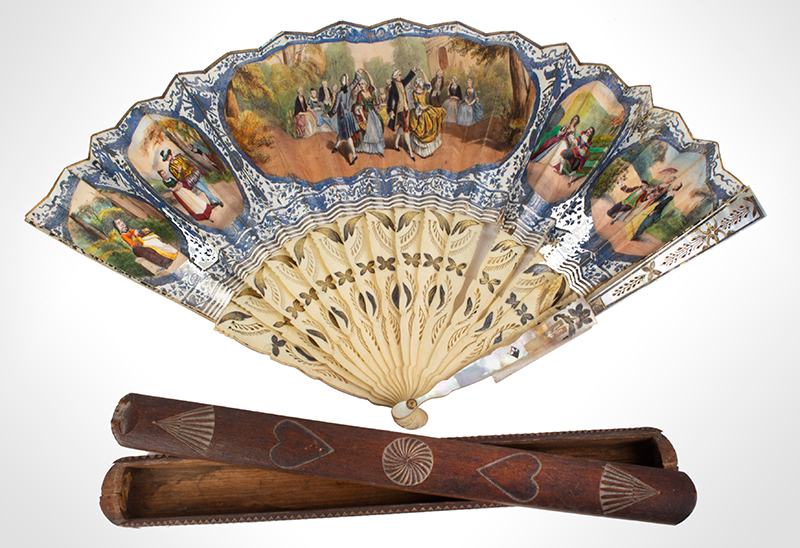 Antique Pleated Fan, Hand-Colored Lithograph, Mother of Pearl, Git & Foil Contained in Carved Box Featuring Pinwheel, Hears, & Fans, entire view 1