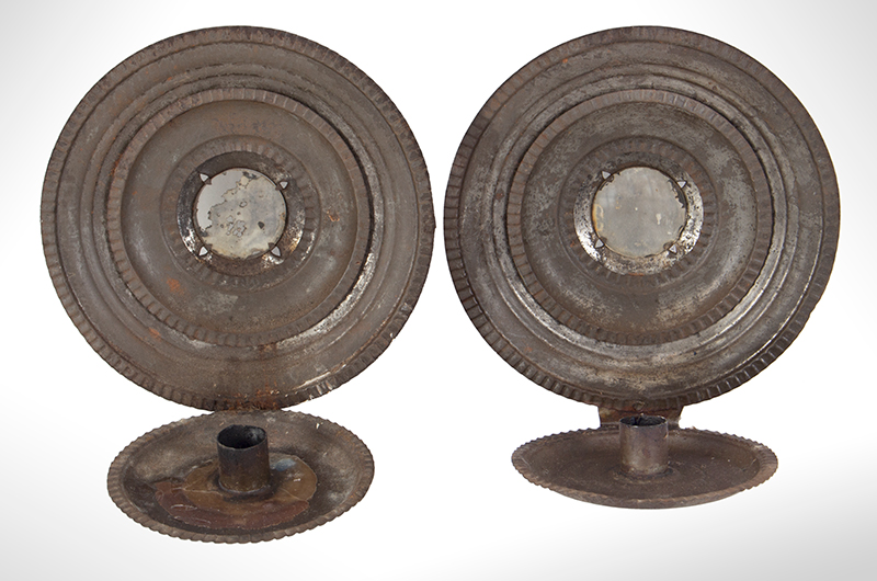 Pair of Round Candle Sconces, Concentric Circles, Mirror Centers American, entire view 1
