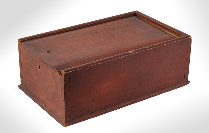 Antique Slide Lid Document Box with Lock & Key, Original Red Paint New England, entire view 2