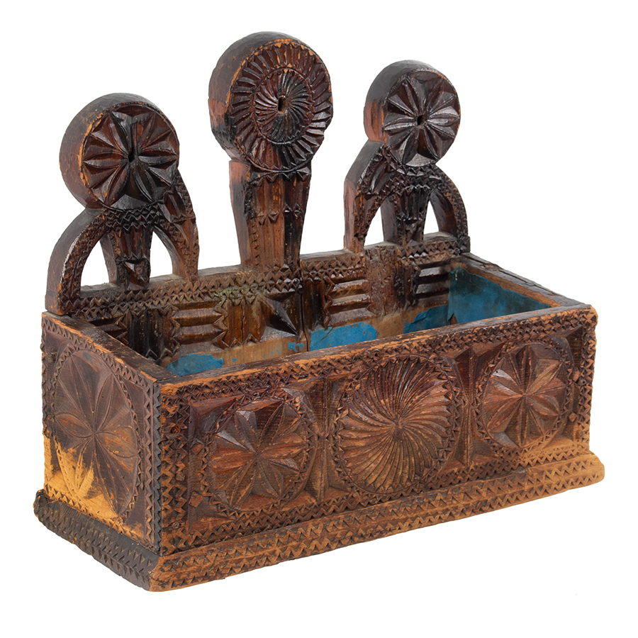 Chip Carved Hanging Box, Deeply Carved Geometrics, Swirling Pinwheels, Image 1