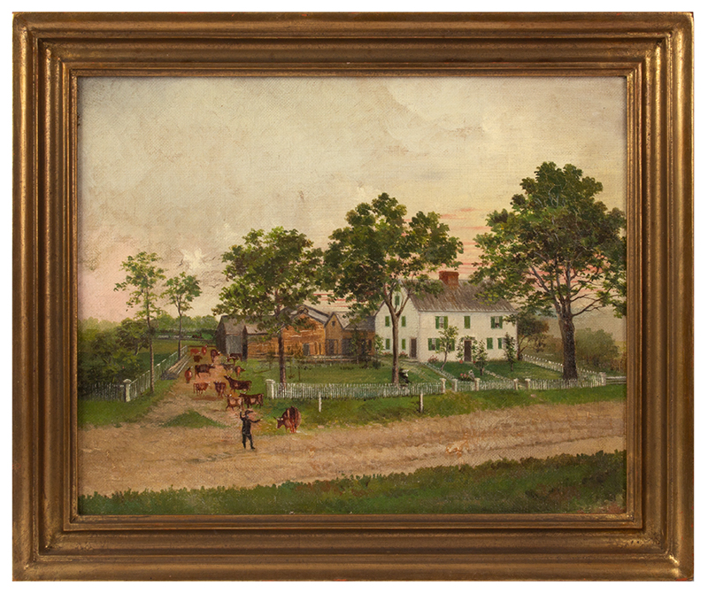 Painting, House & Environs, Colonial Home, Barns, Cattle & Farmer, Image 1