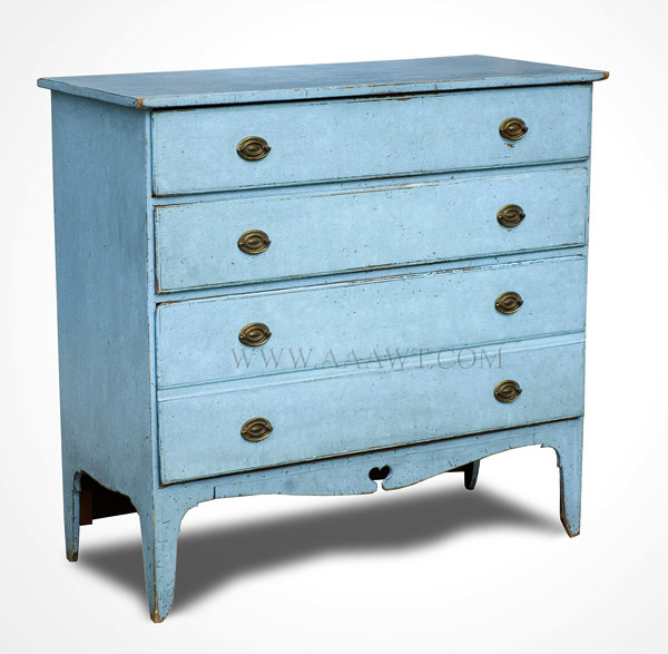 Four Drawer Chest in Powder Blue Paint, Original Hardware, New England, angle view