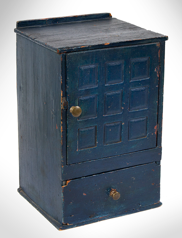 Early Small Tabletop Cupboard with Drawer, Original Paint History, Blue Probably New England, entire view