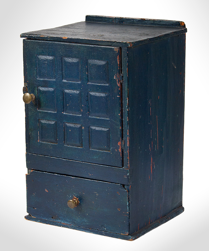 Early Small Tabletop Cupboard with Drawer, Original Paint History, Blue Probably New England, entire view 2
