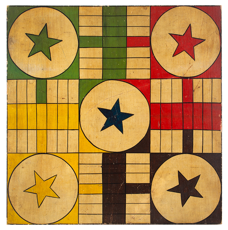 Gameboard, Parcheesi, 5 Stars, 6 Colors, White Ground, Square Wood Panel, entire view