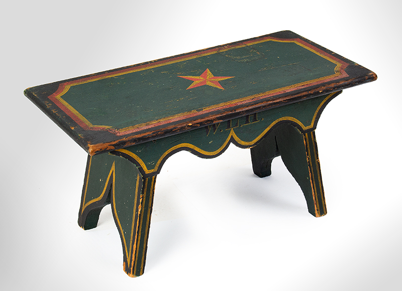Footstool, Cricket, Original Paint & Decoration, Shaped Apron, Bootjack Legs Possibly Pennsylvania, entire view 1