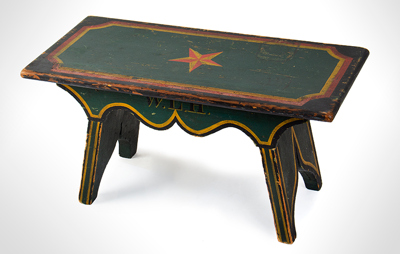Footstool, Cricket, Original Paint & Decoration, Shaped Apron, Bootjack Legs Possibly Pennsylvania, entire view 2