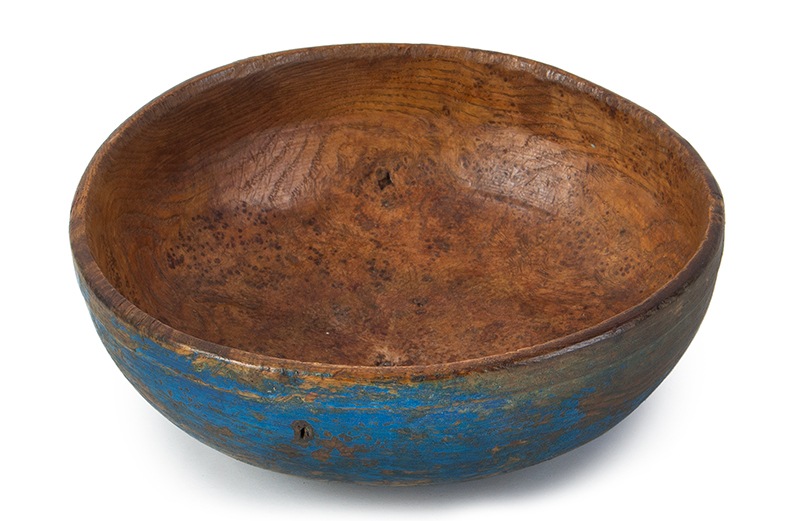 Early American Burl Bowl in Blue paint, Small Size, entire view 2