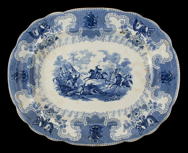 Staffordshire Platter, Texian Campaign, Medium Blue Historical Transferware Texas War of Independence, entire view