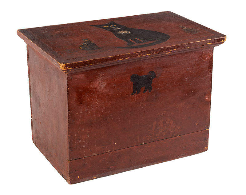 Nineteenth Century Lidded Box Decorated, Folk Art Cat, Original Paint, entire view