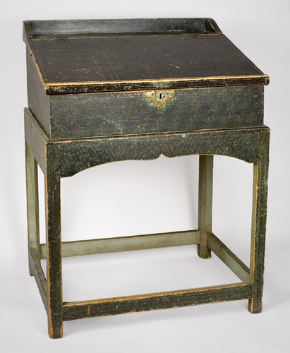 Eighteenth Century Paint Decorated Desk on Frame, Original Blue Paint New England, entire view