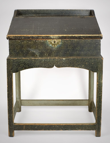 Eighteenth Century Paint Decorated Desk on Frame, Original Blue Paint New England, entire view 2