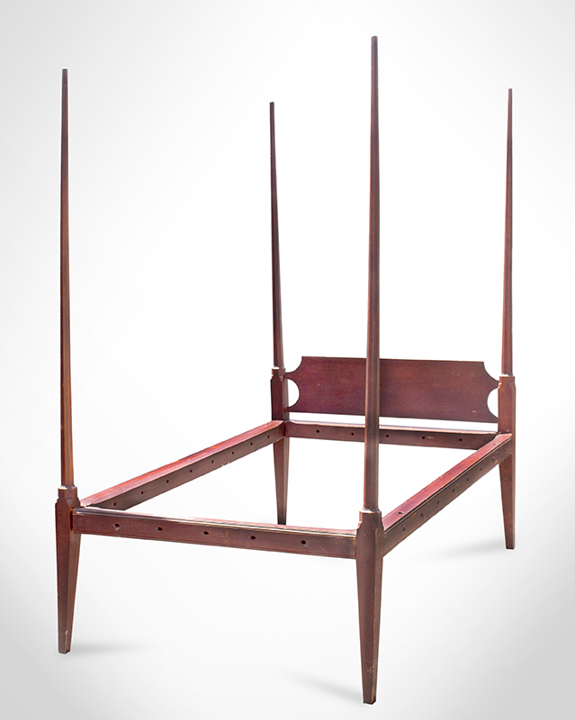 Bed, Pencil Post Bedstead, Tapered Legs, Original Red Paint New England, Possibly Connecticut, entire view