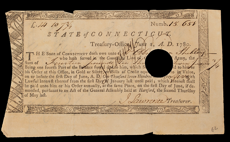 Americana: State of Connecticut Treasury Note 1780 Signed by J. Lawrence, Treasurer, entire view