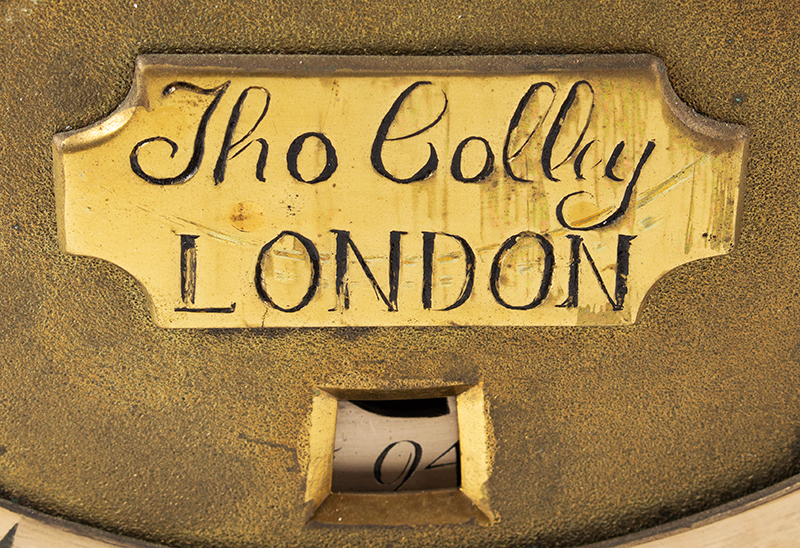 Thomas Colley Longcase Clock, Inlaid Burl Walnut, Brass Dial, London, maker view