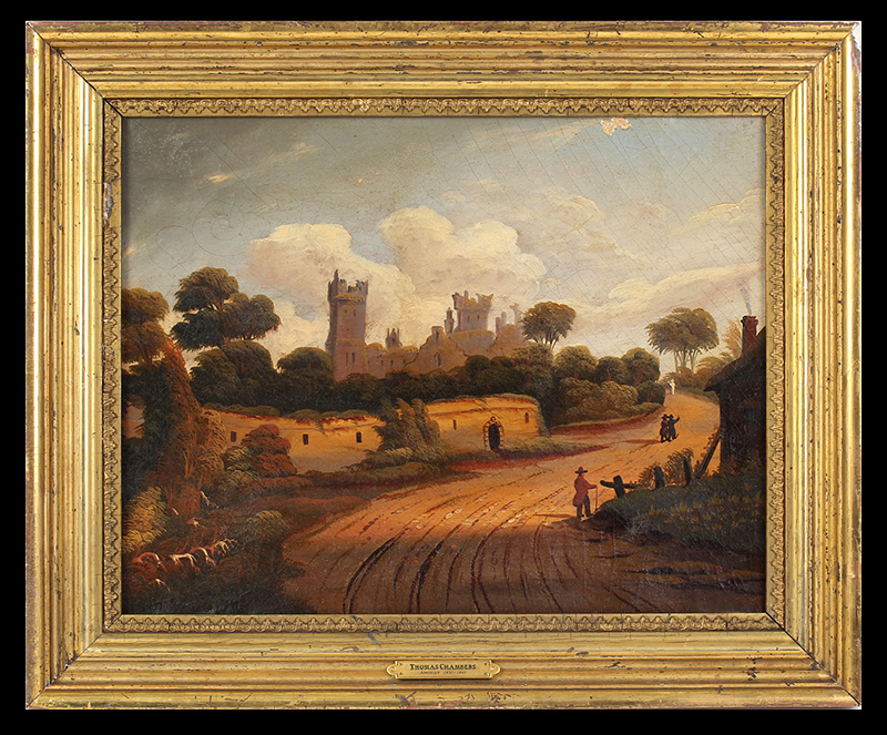Thomas Chambers, Painting, Castle, Cottage, and Lane with People, entire view