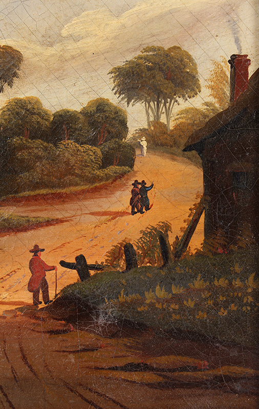 Thomas Chambers, Painting, Castle, Cottage, and Lane with People, detail view 1
