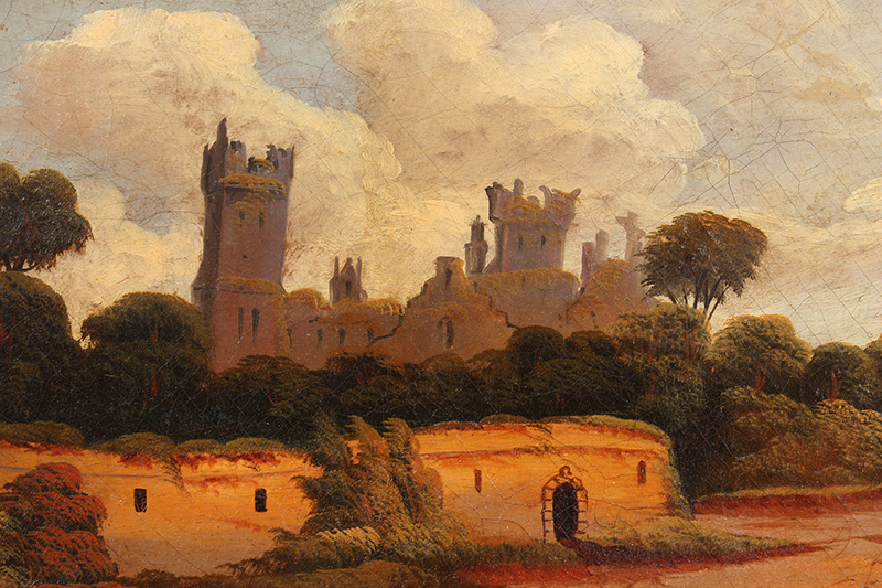 Thomas Chambers, Painting, Castle, Cottage, and Lane with People, detail view 2