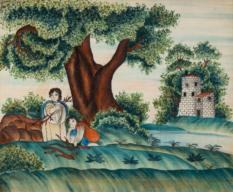 Schoolgirl Folk Art, Collecting Firewood, Painting on Velvet, detail view
