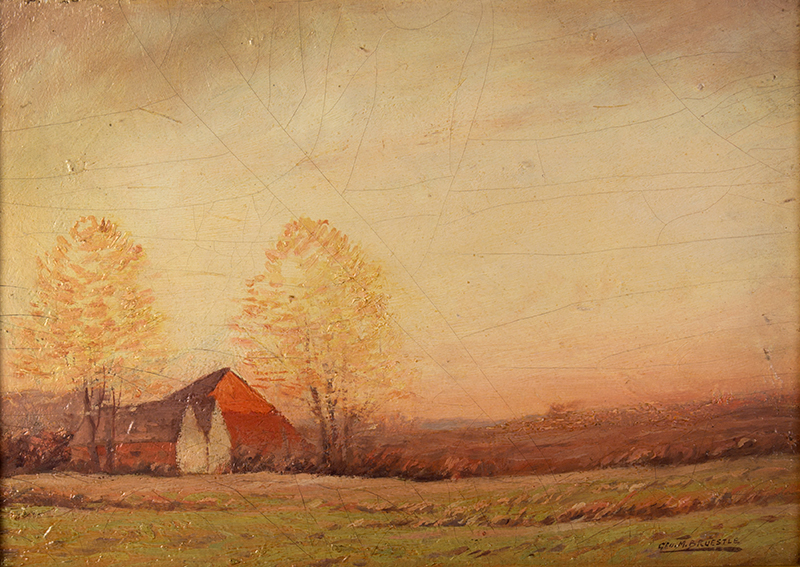 George Bruestle, Painting [Tonalist] autumn Landscape with Barns Original Newcomb – Macklin Arts & Crafts Frame, entire view sans frame