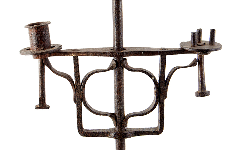 Lighting, Wrought Iron Floor Standing Double Candleholder, Ejector & Stub Post Probably New York State, detail view