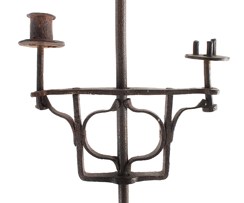 Lighting, Wrought Iron Floor Standing Double Candleholder, Ejector & Stub Post Probably New York State, detail view 2