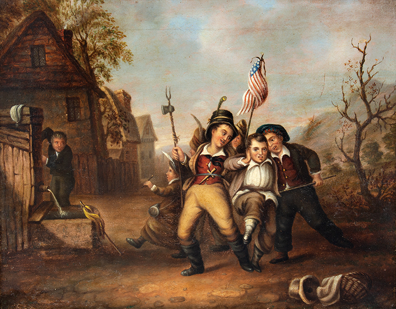 Painting, Genre, Street Urchins Celebrating the Fourth, George Comegys Confidently Attributed to George Comegys (1811 – 1852) Philadelphia, entire view sans frame