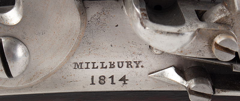 Musket, U.S. Model 1808 Contract, Dated 1814, Asa Waters, Millbury, Mass Barrel Marked: MS / PM / U.S. 1814; Stock Marked: MS [l. flat] & Inspector’s Mark, lock plate detail