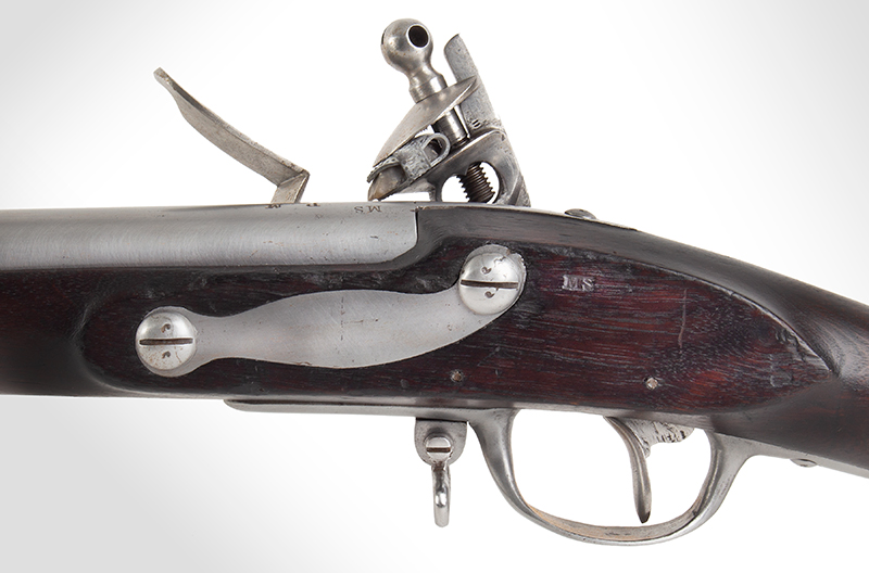 Musket, U.S. Model 1808 Contract, Dated 1814, Asa Waters, Millbury, Mass Barrel Marked: MS / PM / U.S. 1814; Stock Marked: MS [l. flat] & Inspector’s Mark, side plate