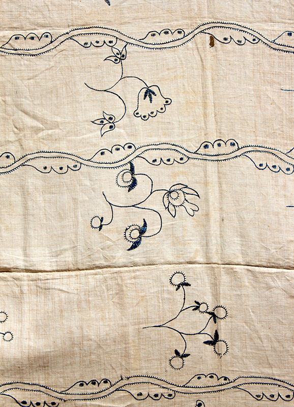 Blanket, Deerfield, Wool Embroidered, Meandering Blue Floral Crewelwork Spread, detail view 2