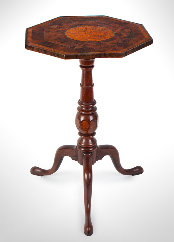 18th Century Candlestand, Outstanding Mixed Burls and Figured Wood Veneers Alternating bands of highly figured veneers featuring mahogany with bold  medullary rays, contrasting birds eye eveners, and ebony string inlay, and a small brass circular inlay at center having ebony inset. A distinctive table., entire view 1