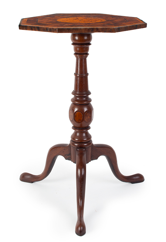 18th Century Candlestand, Outstanding Mixed Burls and Figured Wood Veneers Alternating bands of highly figured veneers featuring mahogany with bold  medullary rays, contrasting birds eye eveners, and ebony string inlay, and a small brass circular inlay at center having ebony inset. A distinctive table., entire view 1