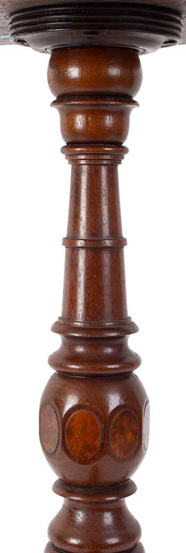 18th Century Candlestand, Outstanding Mixed Burls and Figured Wood Veneers Alternating bands of highly figured veneers featuring mahogany with bold  medullary rays, contrasting birds eye eveners, and ebony string inlay, and a small brass circular inlay at center having ebony inset. A distinctive table., detail view 1