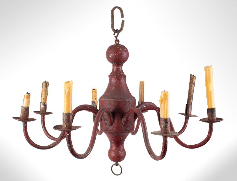 Nineteenth Century Chandelier, Old Red Paint, 8-Sockets, entire view