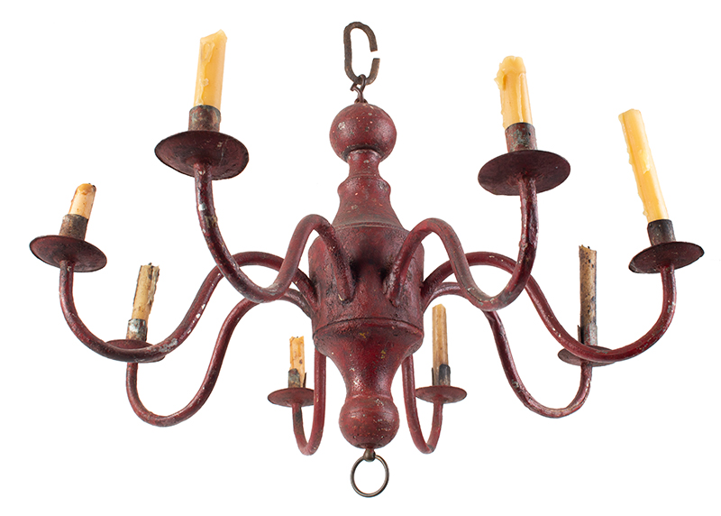 Nineteenth Century Chandelier, Old Red Paint, 8-Sockets, entire view 2