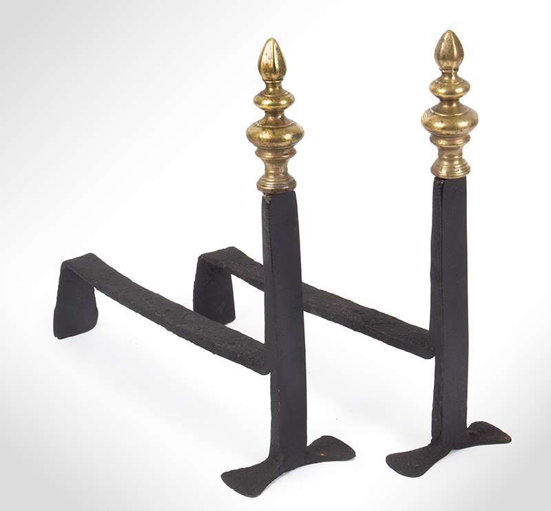 Andirons, Fire Dogs, Pair of Creepers, Wrought Iron, Robust Brass Finials, entire view