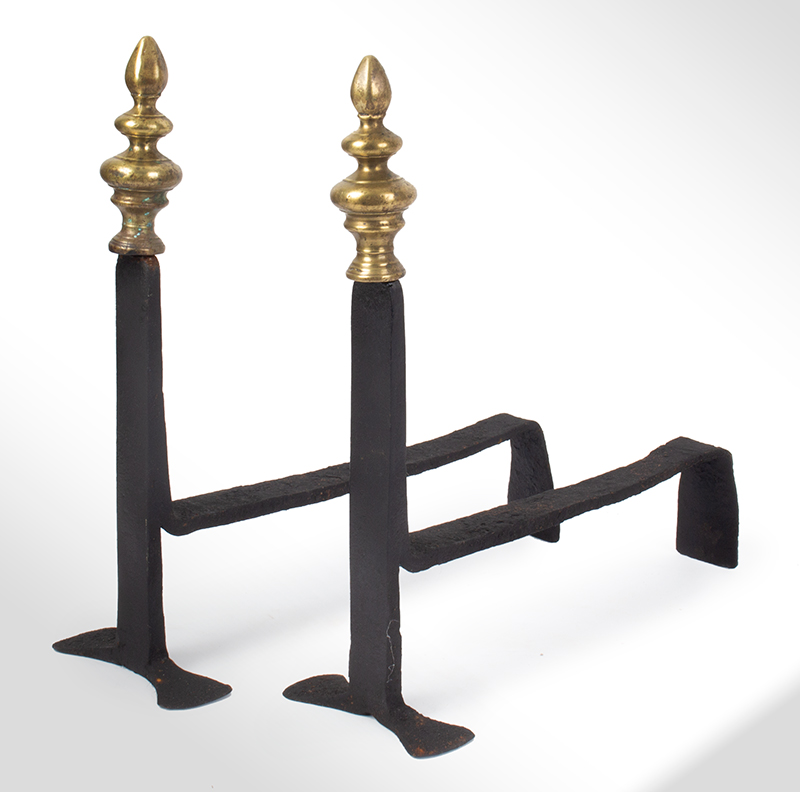 Andirons, Fire Dogs, Pair of Creepers, Wrought Iron, Robust Brass Finials, entire view 2